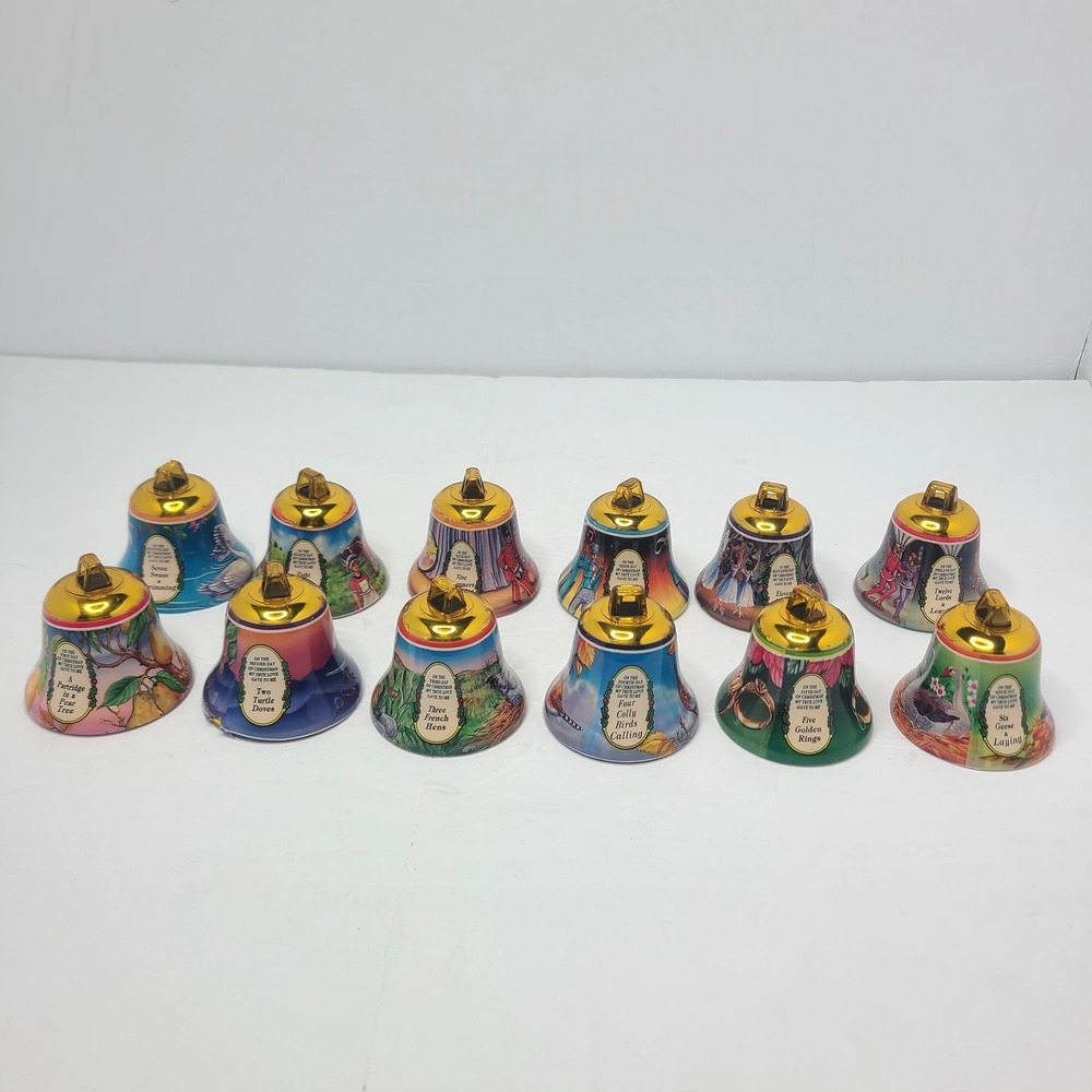 Vtg 12 Days of Christmas Plastic Bell Ornament Set Complete Gold Holiday Decor